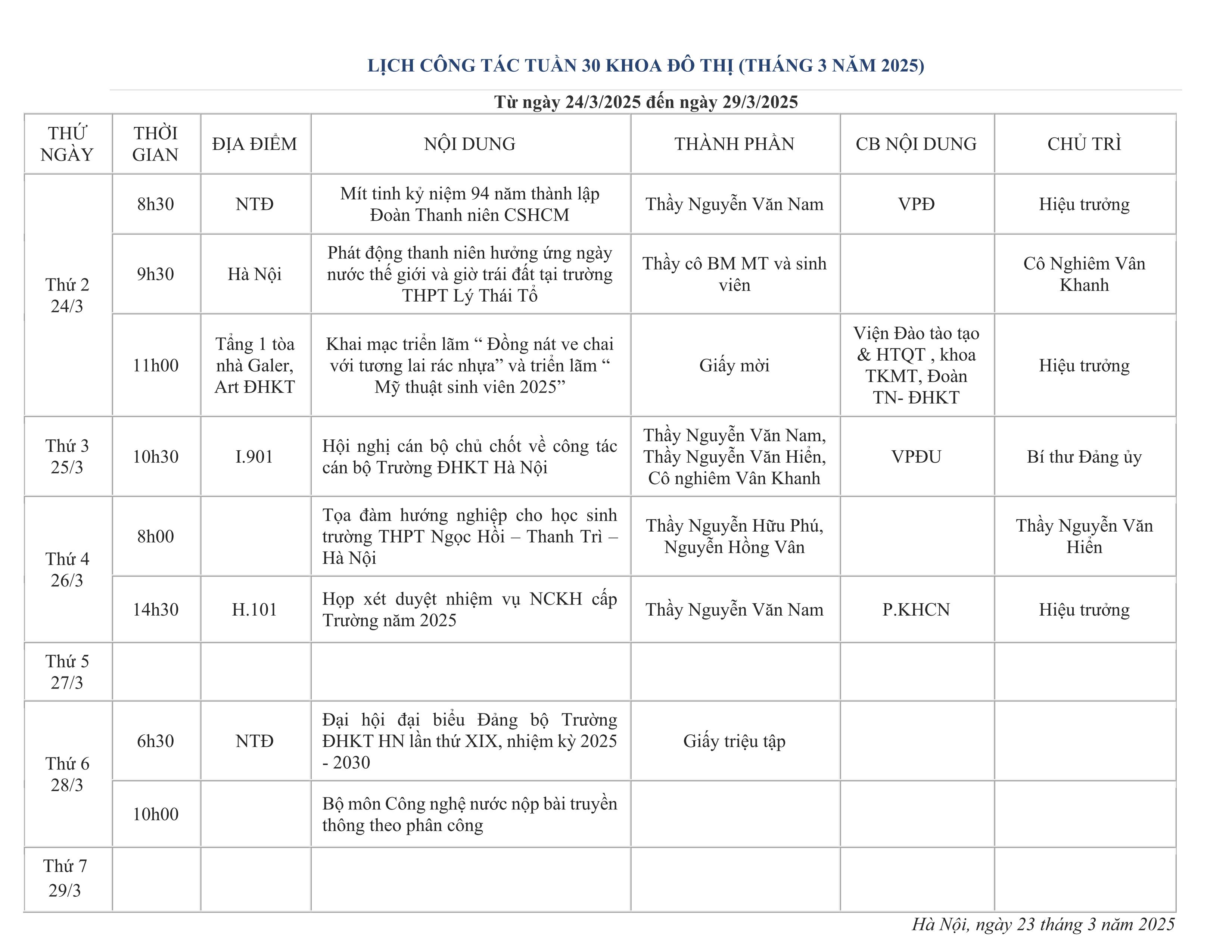 Lịch công tác tuần 30 (24/3/2025 - 29/3/2025)