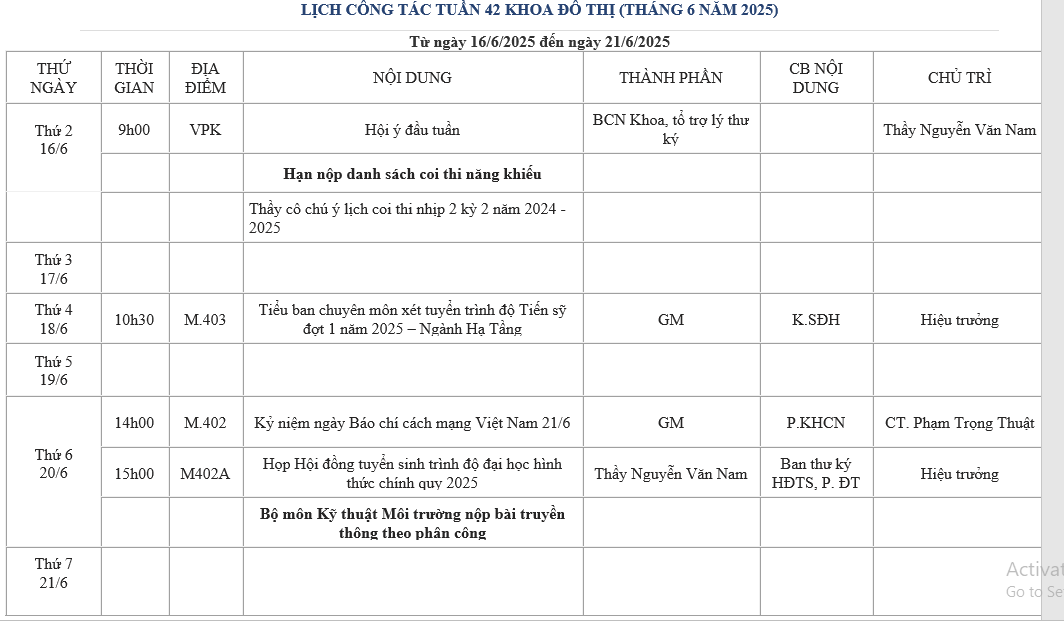 LỊCH CÔNG TÁC TUẦN 42 KHOA ĐÔ THỊ