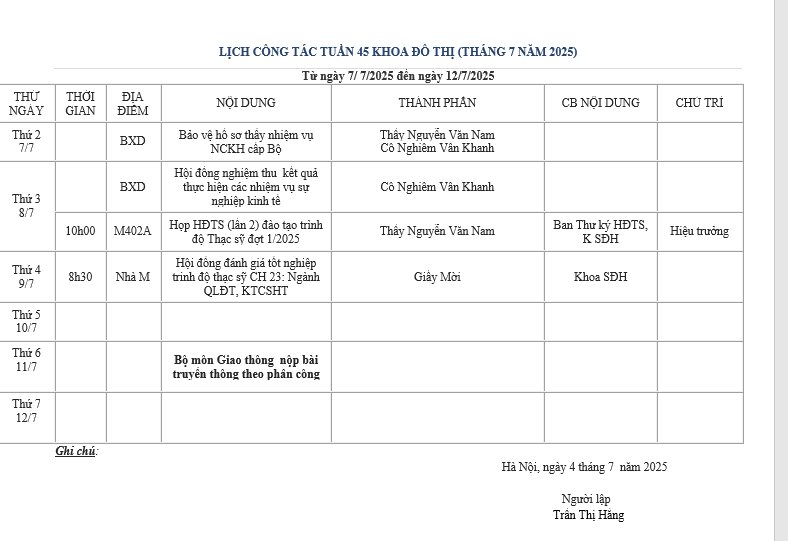 LỊCH CÔNG TÁC TUẦN 45 KHOA ĐÔ THỊ