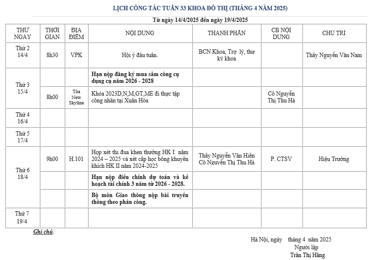 Lịch tuần 33 Khoa Đô thị