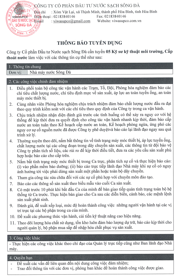 Công ty CP Đầu tư nước sạch Sông Đà tuyển Kỹ sư Kỹ thuật môi trường, Cấp thoát nước
